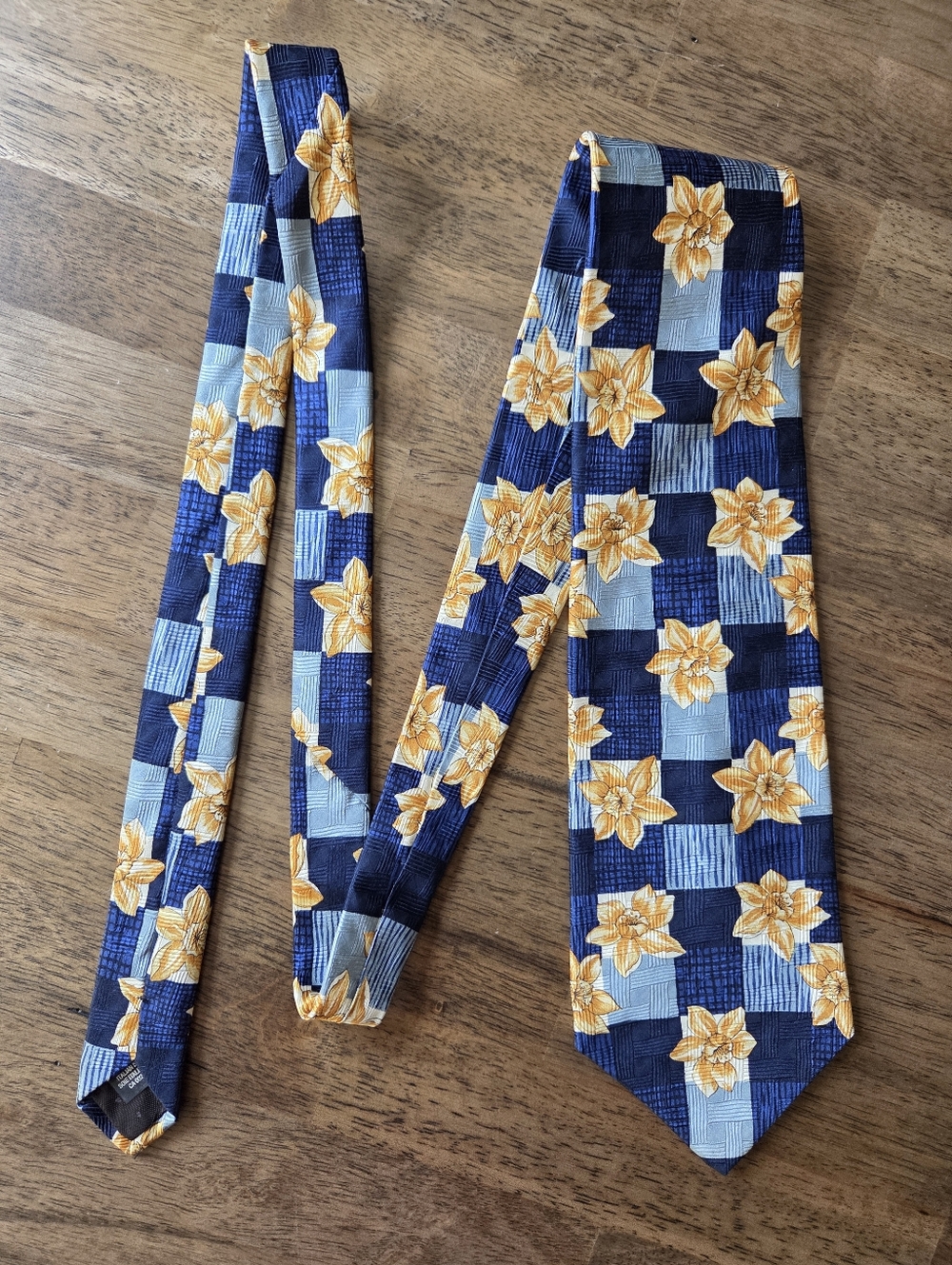 Italian Silk Golden Yellow Flowers Blue Checkerboard Print Tie